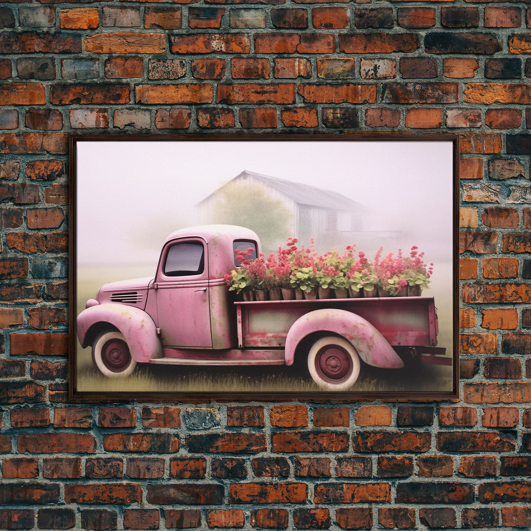 Framed Picture of old truck with beautiful flowers in bed of truck, farmhouse living, old barn, farmhouse distressed, framed canvas print