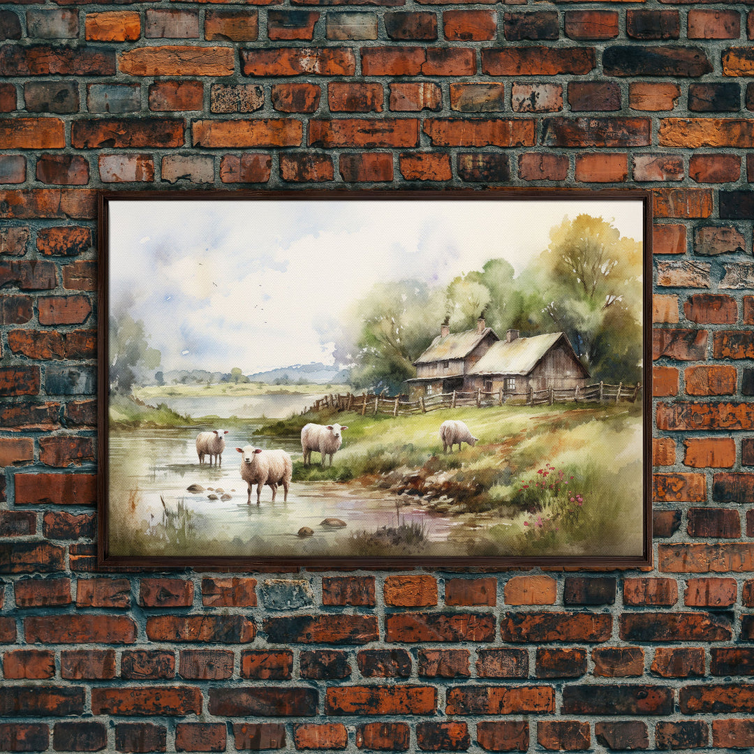 Sheep Grazing By The River, Vintage Art Canvas Print, Vintage Home Decor, Large Canvas Wall Art, Vintage Farmhouse Decor, Vintage Landscape