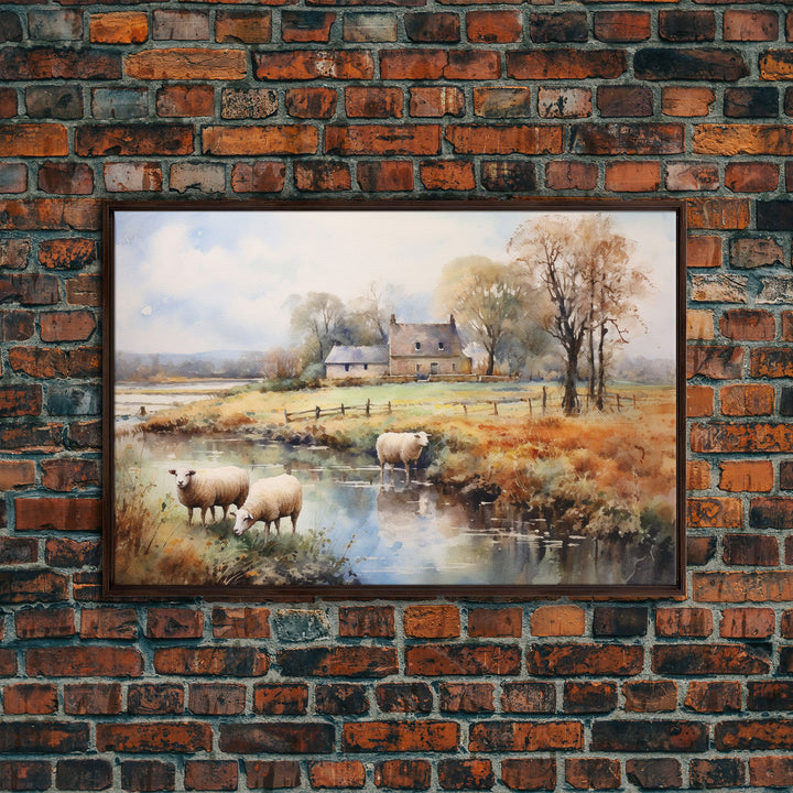 Sheep Grazing By The River, Vintage Art Canvas Print, Vintage Home Decor, Large Canvas Wall Art, Vintage Farmhouse Decor, Vintage Landscape