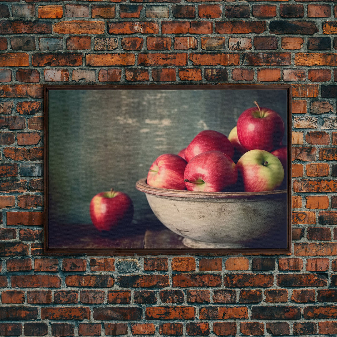 Primitive Kitchen Art, Framed Canvas Print, Still Life of Apples In A Rustic Bowl, Photography Print, Kitchen Decor, Country Kitchen