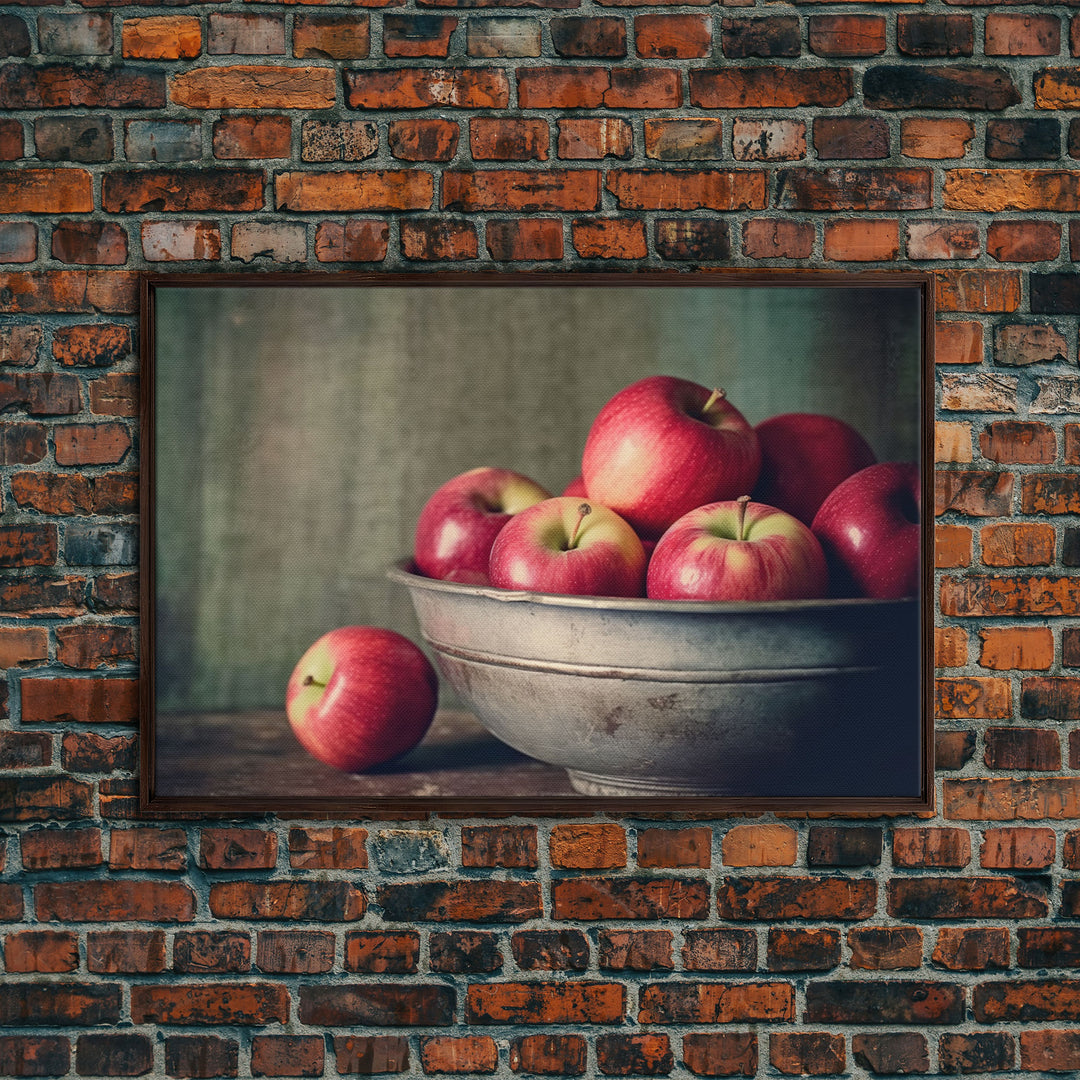 Farmhouse Kitchen Art, Framed Canvas Print, Still Life of Apples In A Rustic Bowl, Photography Print, Kitchen Decor, Rustic Country Kitchen