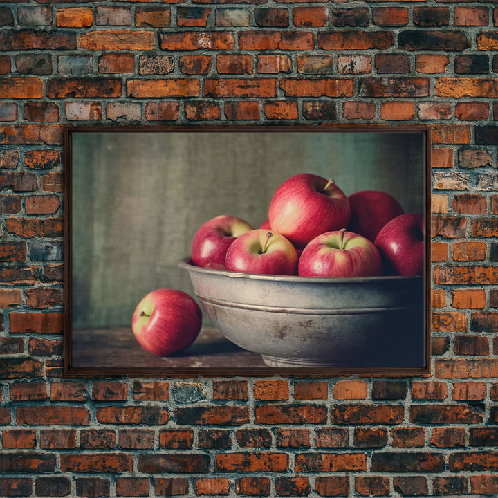 Farmhouse Kitchen Art, Framed Canvas Print, Still Life of Apples In A Rustic Bowl, Photography Print, Kitchen Decor, Rustic Country Kitchen