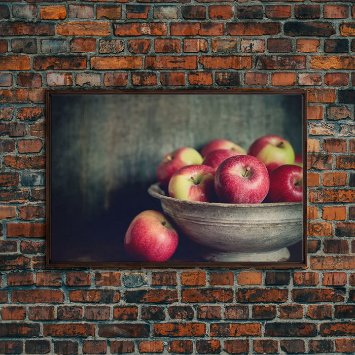 Farmhouse Kitchen Art, Framed Canvas Print, Still Life of Apples In A Rustic Bowl, Photography Print, Kitchen Decor, Rustic Country Kitchen