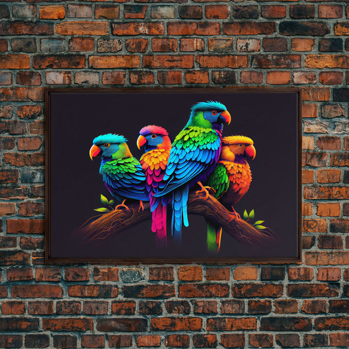 Tropical birds, vibrant and colorful animal print, parrots, framed canvas print, Framed wall art