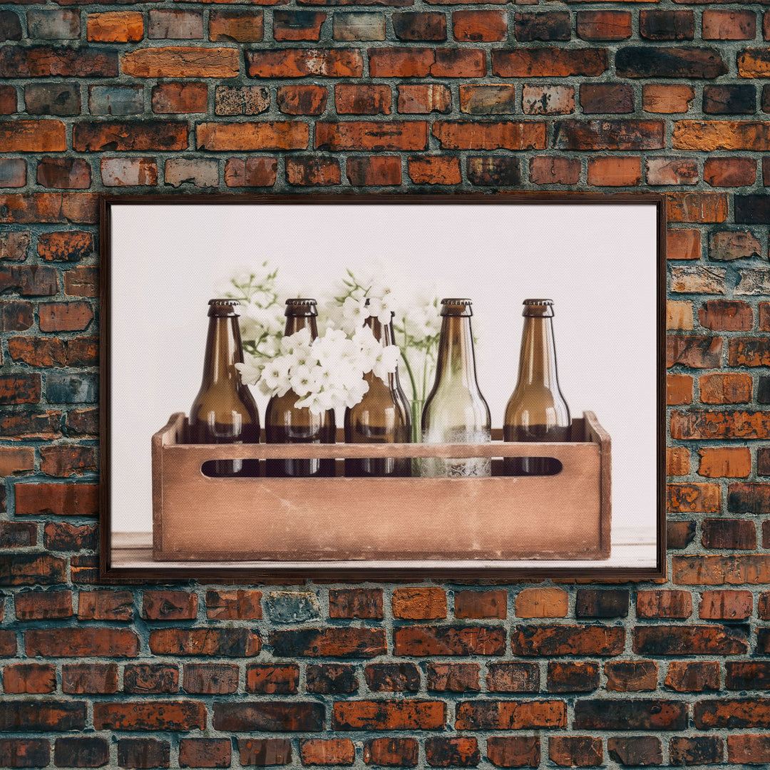 Primitive Kitchen Wall Art, Framed Canvas Print, Antique Bottles With White Flowers In A Wooden Crate, Still Life Kitchen Decor, Minimalist