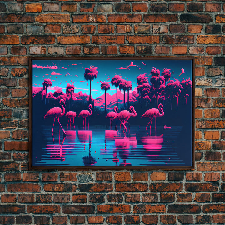 Reflections of Pink Flamingos, Vaporwave aesthetic style art, framed canvas print, framed wall art