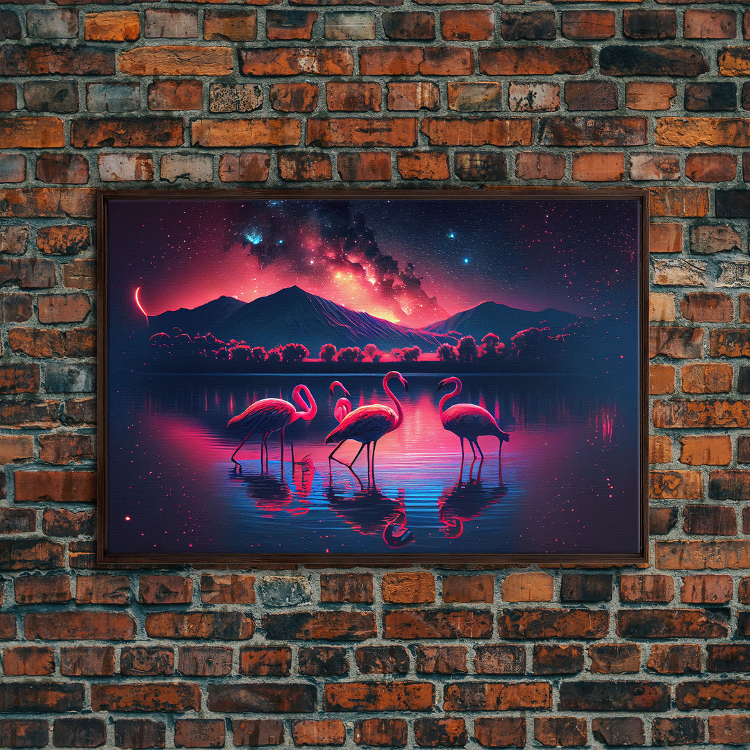 Pink Flamingos against a starry night sky, synthwave vibes, framed canvas print, framed art