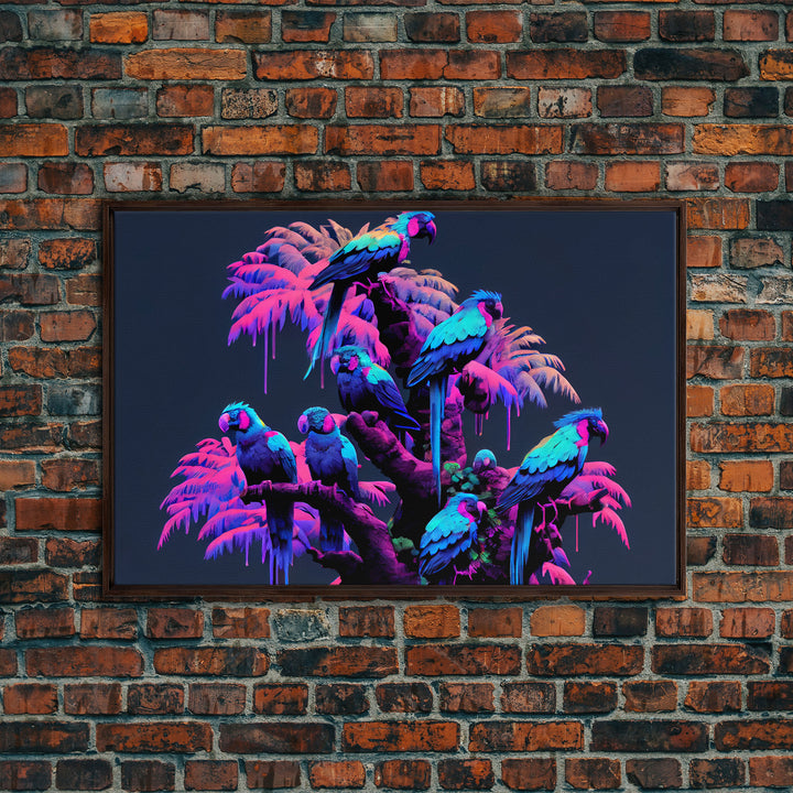 Synthwave Tropical Birds, Parrot Art, Framed canvas print, framed wall decor, vaporwave animal print