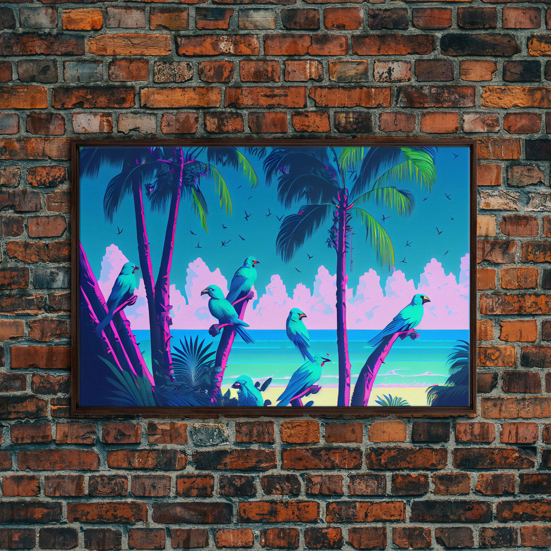 Tropical birds of paradise, synthwave, vaporwave wall art, framed canvas print