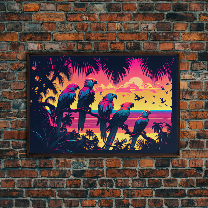 Tropical birds of paradise, synthwave, vaporwave wall art, framed canvas print