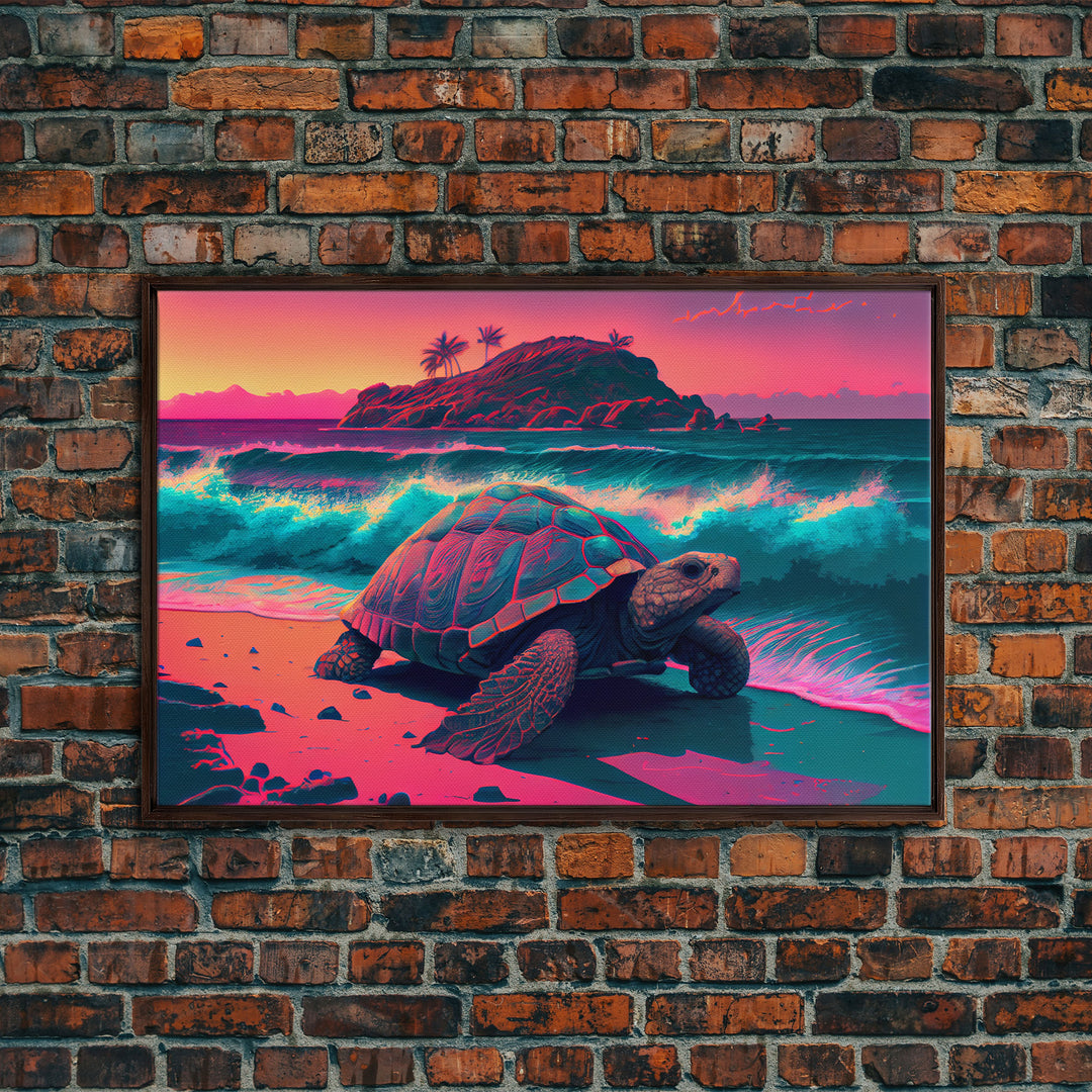 Sea Turtle On Seashore Beach Ocean Sea Sunset Blue Pink Fine Art Print, Wall Art Print, Wall Poster, Wall Decor