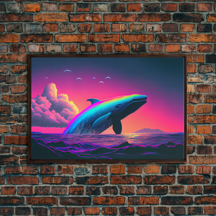 Humpback whale breaching a rainbow, vaporwave art, synthwave animal print, framed canvas print