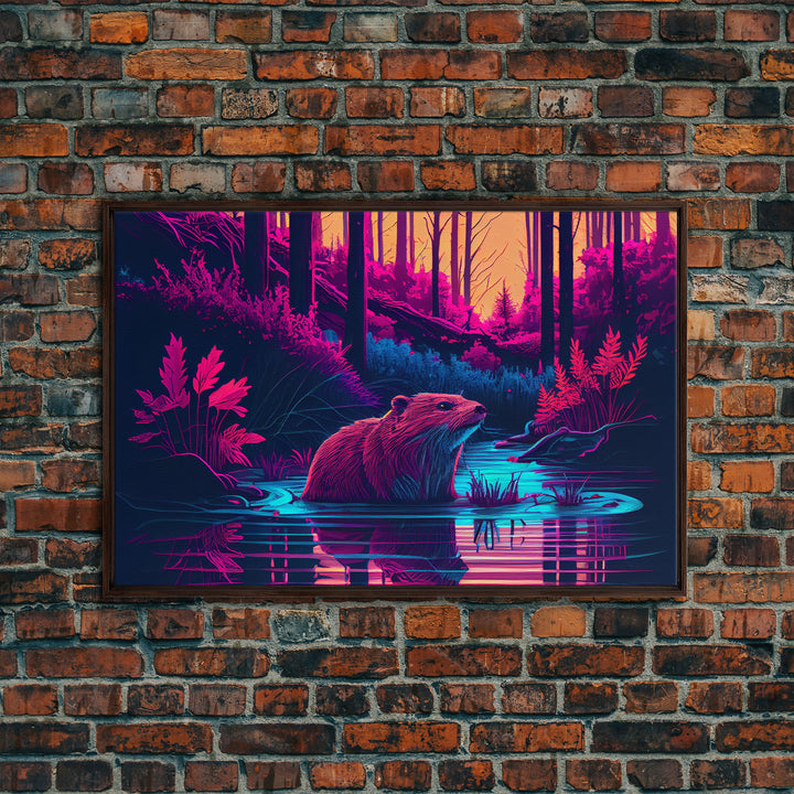 Cute beaver in a river, pink vaporwave art, animal  prints, framed canvas print, framed wall art