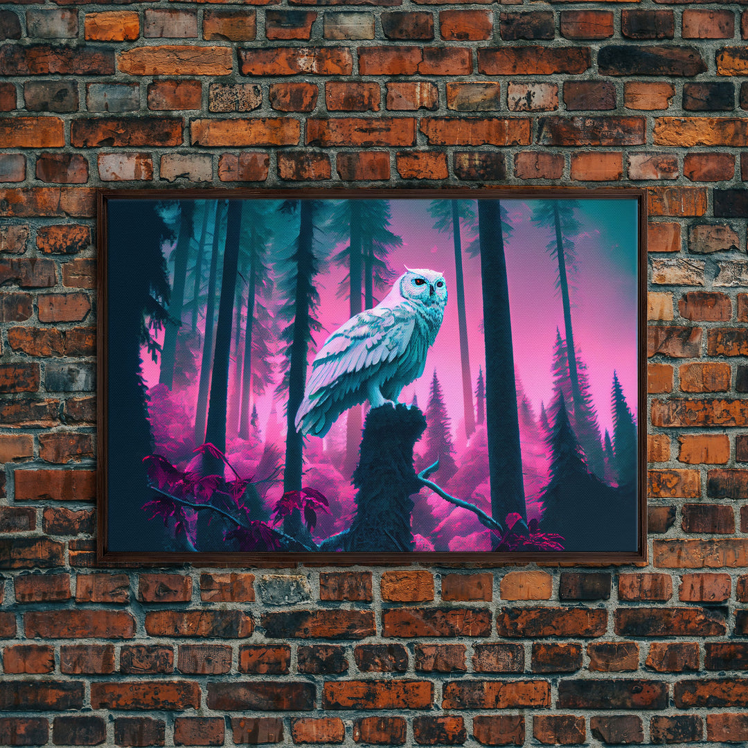 White owl in synthwave forest, vaporwave style animal print art, framed canvas print