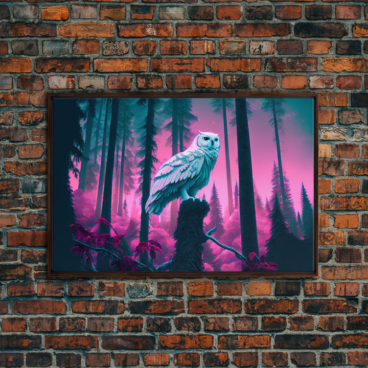 White owl in synthwave forest, vaporwave style animal print art, framed canvas print