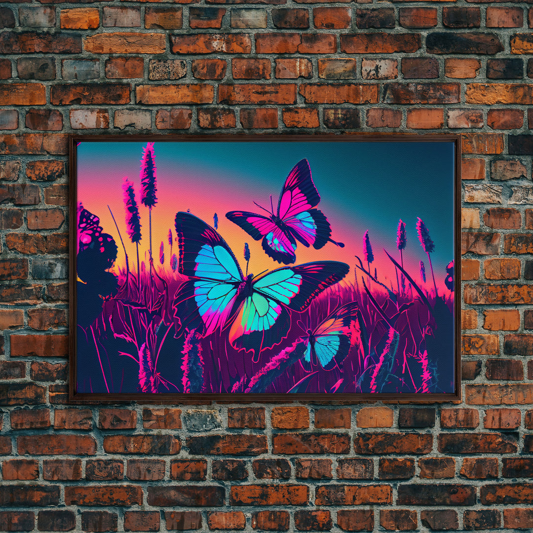 Beautiful turquoise butterfly art, vaporwave aesthetic pastel art, framed canvas print, synthwave art