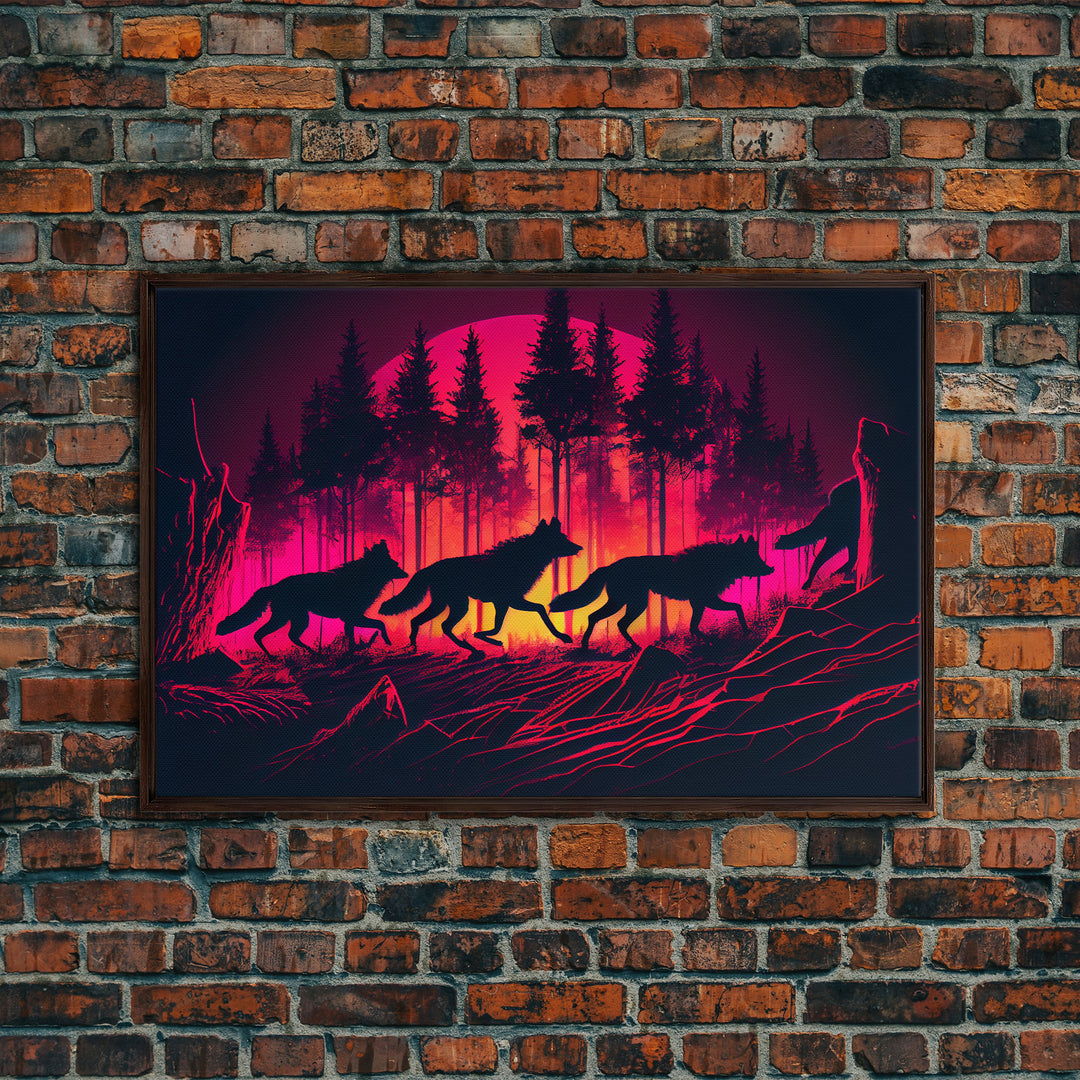 Wolf Pack on the hunt at sunset, synthwave animal art, framed canvas print