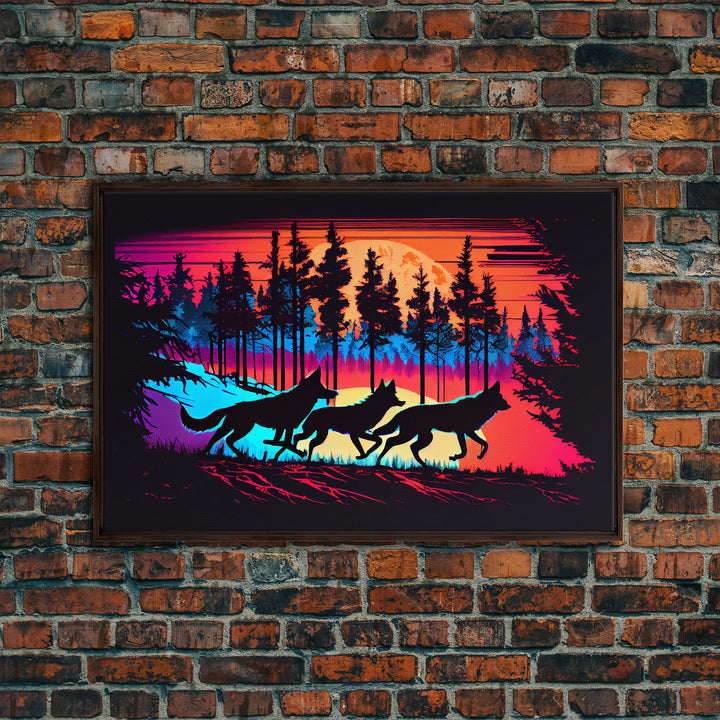 Wolves on the hunt at sunset, synthwave animal art, framed canvas print, vaporwave aesthetic animal art