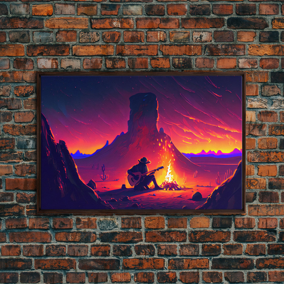 Campfire Songs, Retrowave style art, framed canvas print, synthwave art