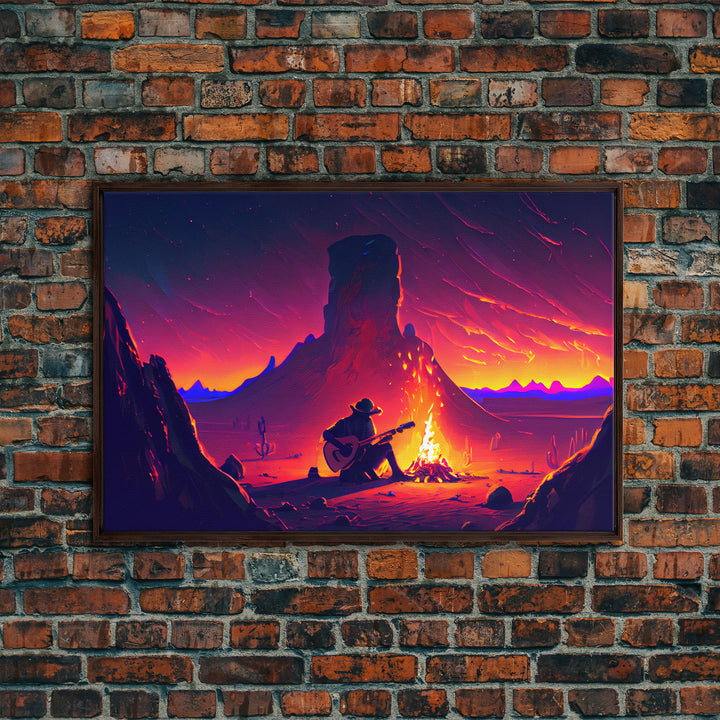 Campfire Songs, Retrowave style art, framed canvas print, synthwave art