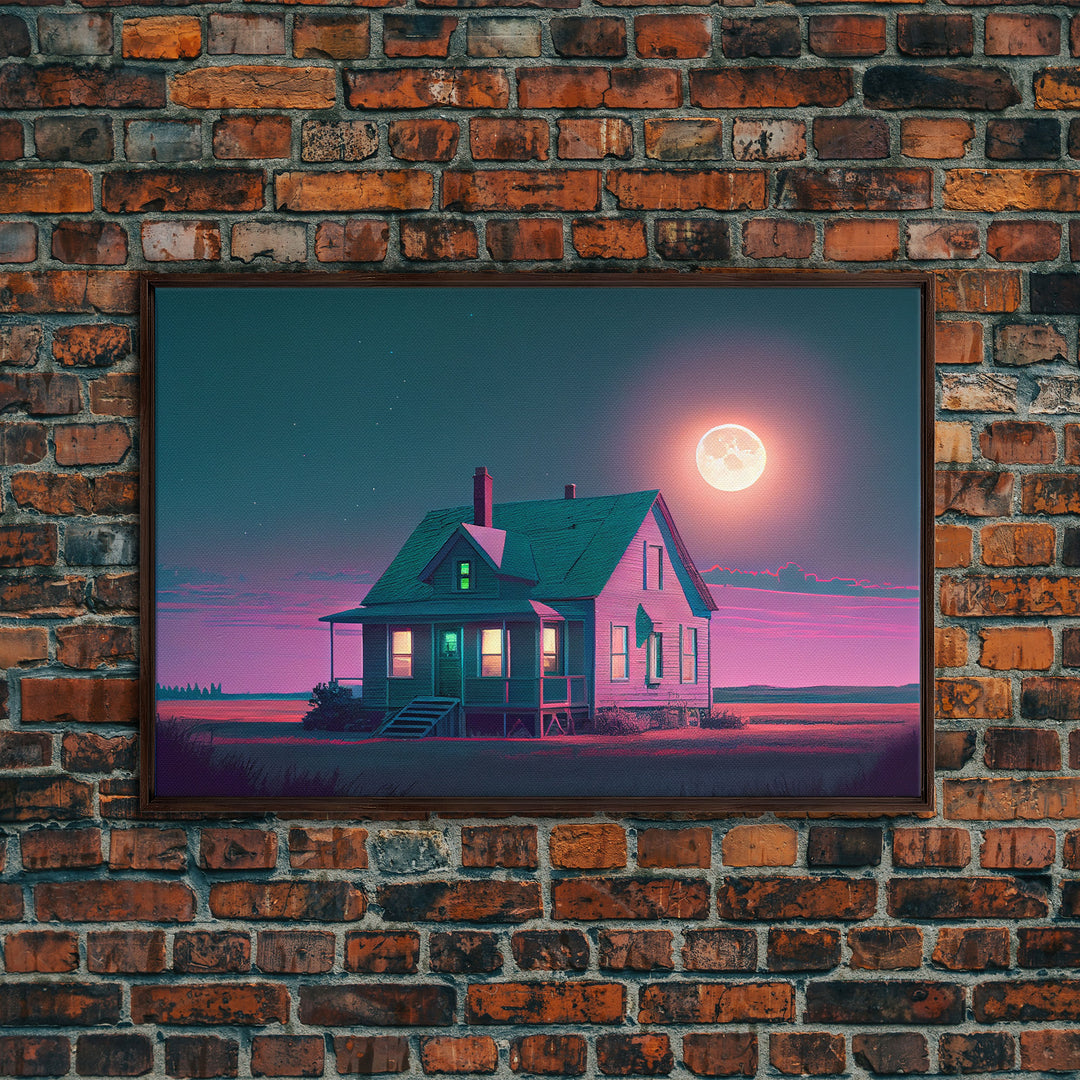 Primitive Retro Mashup, Little house on the prairie, vaporwave aesthetic style framed canvas print