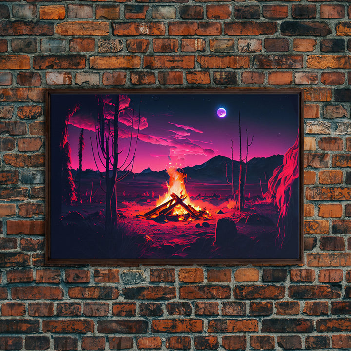 Primitive Art, Campfire Painting Print, Framed Canvas Print, Synthwave Farmhouse Decor