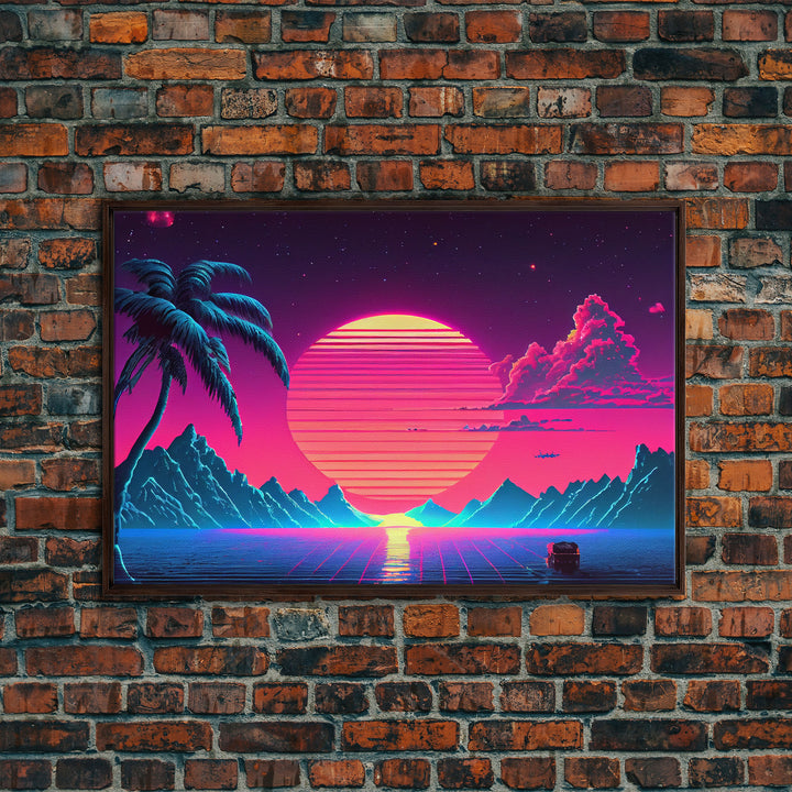 Retro Outrun Style Palm Trees and Sunset, Framed Canvas Print, Wireframe lake and mountain vista