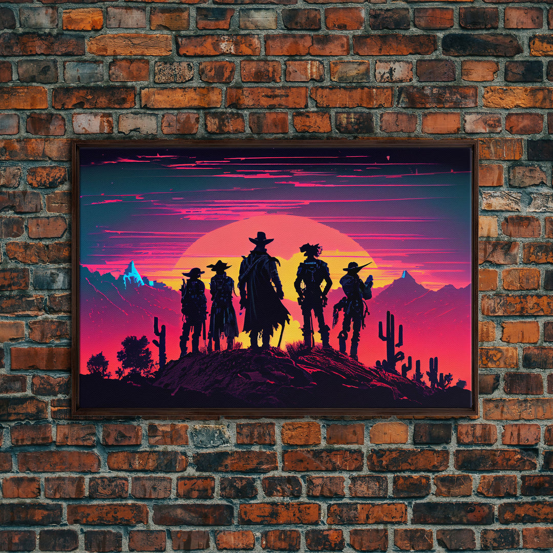 Retro Synthwave Style Wild West Cowboys, framed canvas print, retro outrun style wild west art