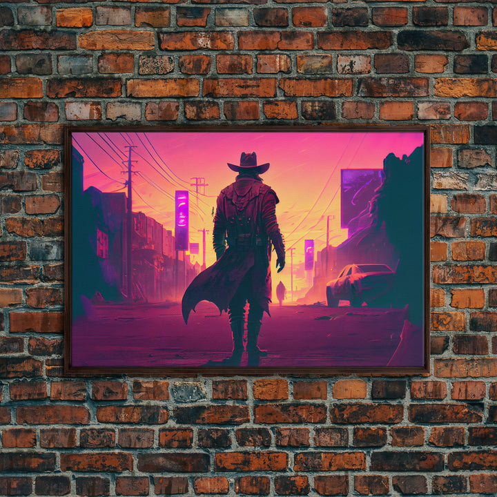 The Gunfighter, Retro Outrun style wild west cowboy art, framed canvas print