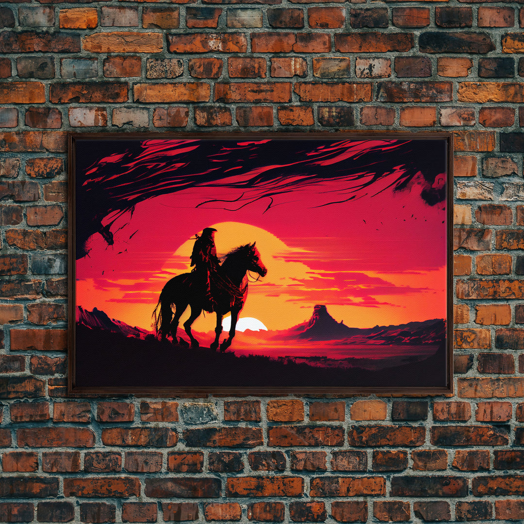 Retro Wildwest Sunset Art, Framed Canvas Print, Native American Warrior on Horseback