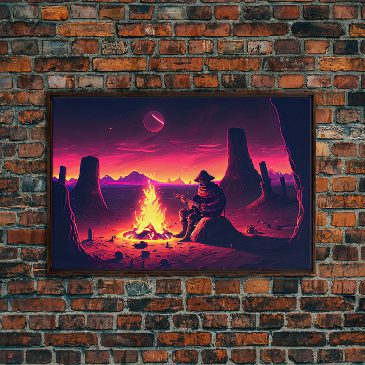 Campfire Songs, Retrowave style art, framed canvas print, synthwave art