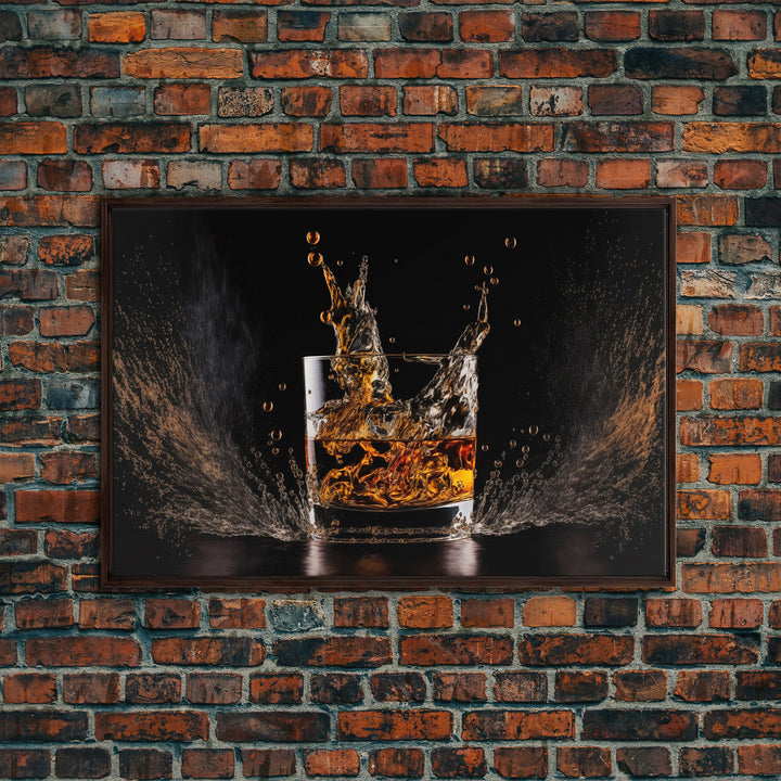 Whiskey Wall Décor, Ice falling into a glass of whiskey, modern / contemporary bar wall art, framed canvas print