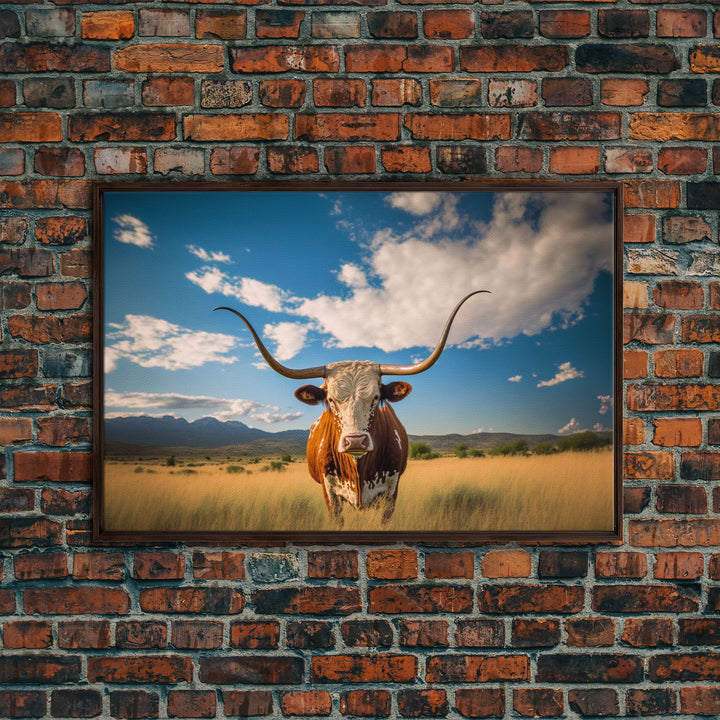 Texas longhorn art Rustic wall art, wall decor Western farmhouse decor, cow framed canvas print, Trendy wall art, Longhorn canvas print