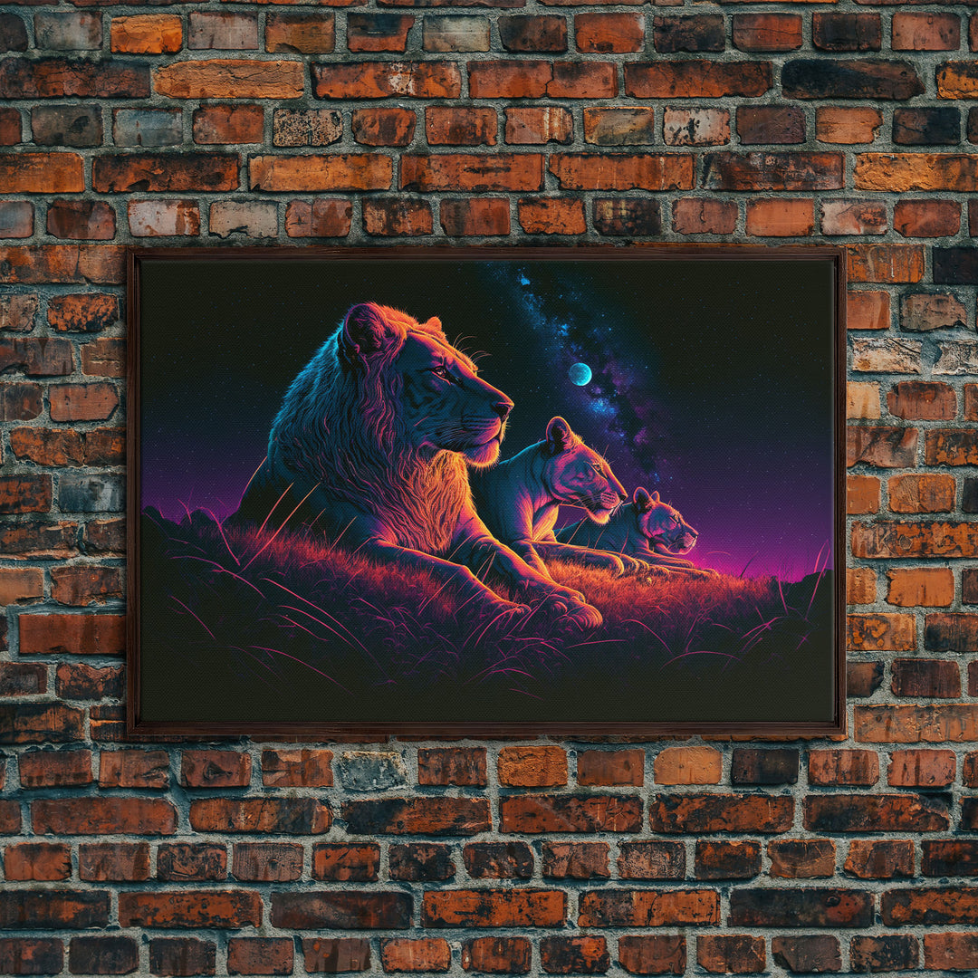 Retro Synthwave Style Lion Art, African Wildlife, Framed Canvas Print, Pastel Tones Wall Decor