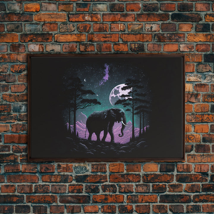 Synthwave Elephant Art | Framed Canvas Print | Framed Wall Art | Animal Prints | Wildlife Art | Elephant Walks Under A Full Moon