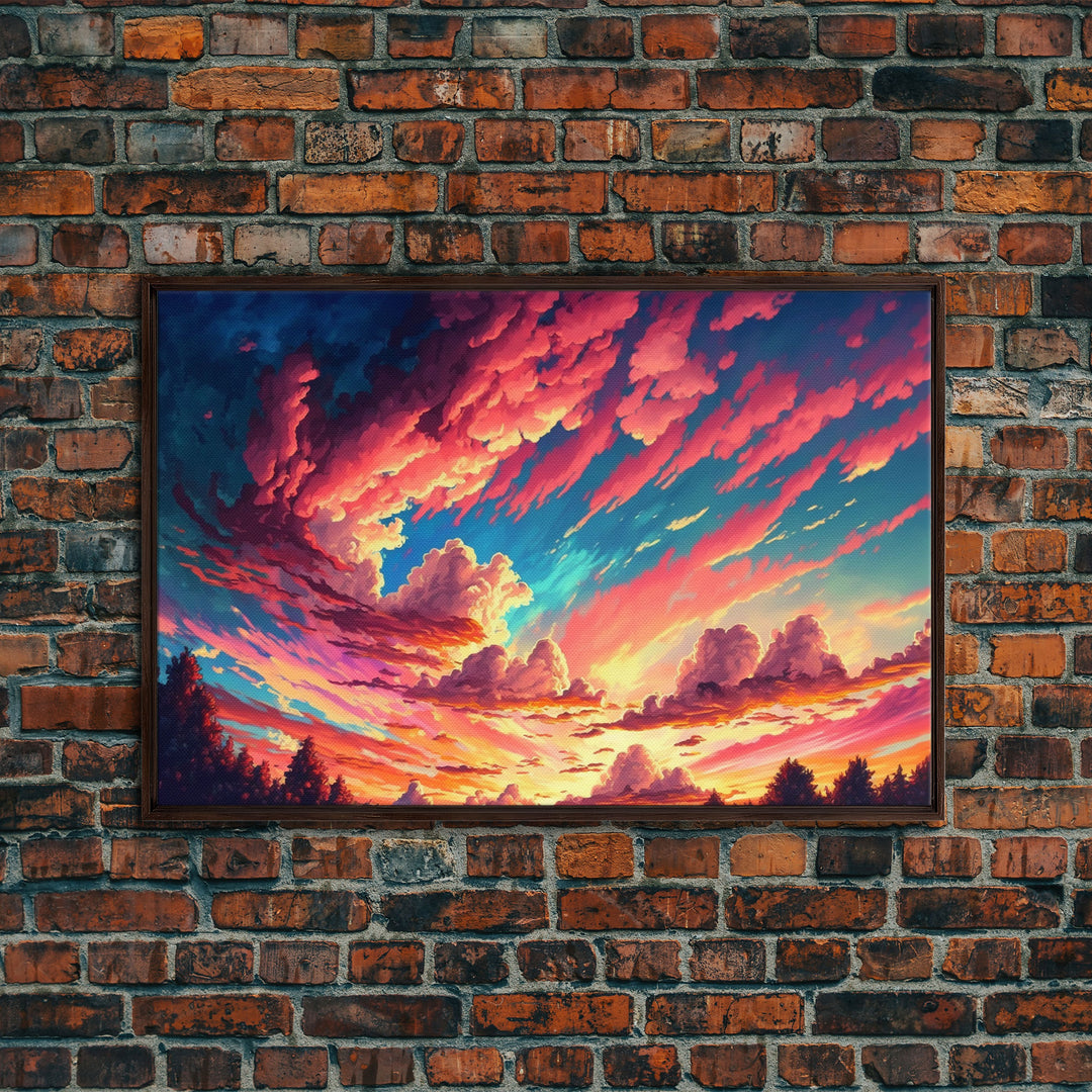 Watercolor of a beautiful cloudy sky at sunset, framed canvas print, landscape art, unique framed wall art