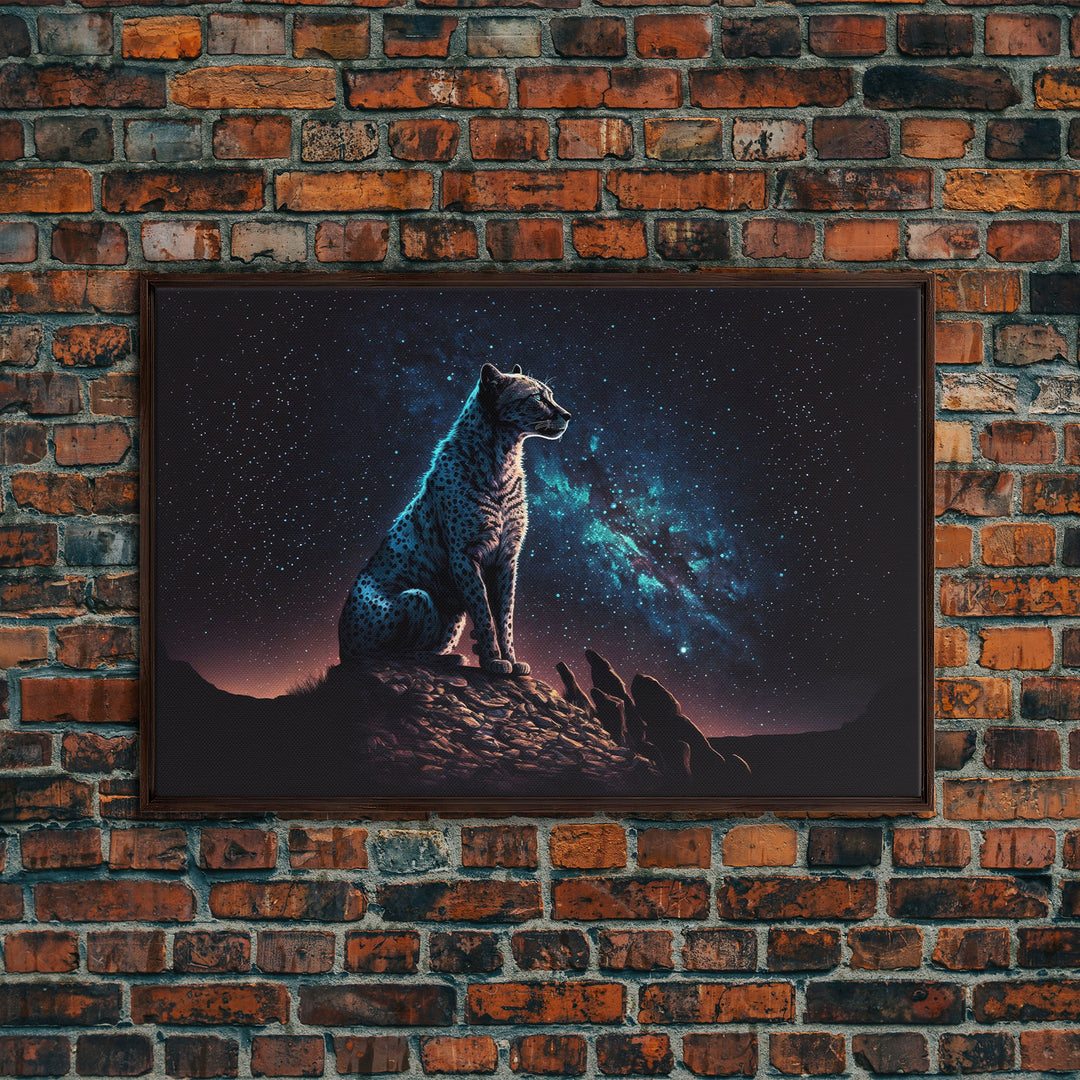 Cheetah Print, Synthwave Animal Prints, Cheetah and a starry night sky, framed canvas print, cute animal art