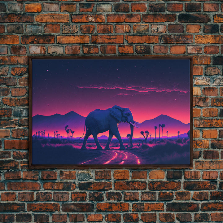 Elephant Art | Framed Canvas Print | Synthwave Style Framed Wall Art | Animal Prints | Elephant Walks Under A Full Moon | Kid's Room Decor