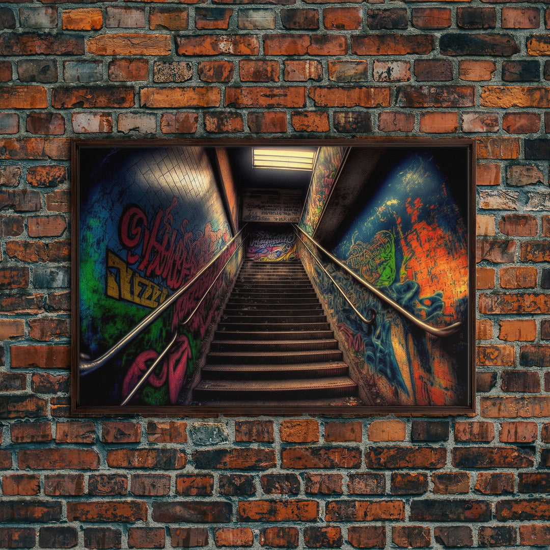 Graffiti Covered Staircase | Subway Stairs | Framed Canvas Print | Punk Art | Dystopian Cyberpunk Art