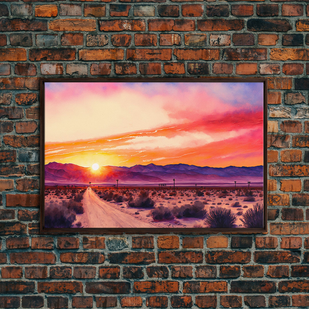 Arizona Desert at Sunset, Dirt Road, Framed Canvas Print, Colorful Wall Art, Sofa Art