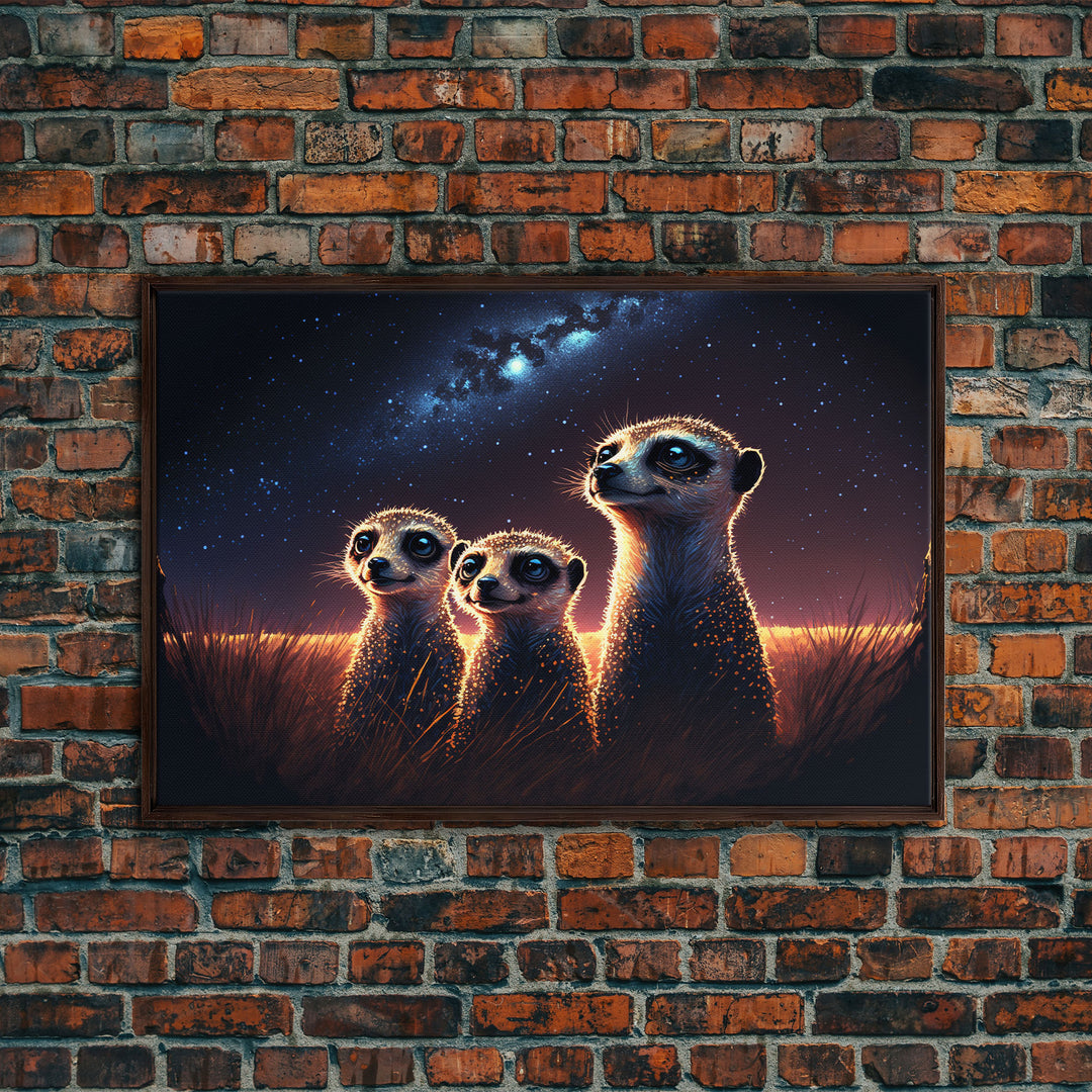 Meerkat Art, framed canvas print, Animal art, starry night over the plains of Africa