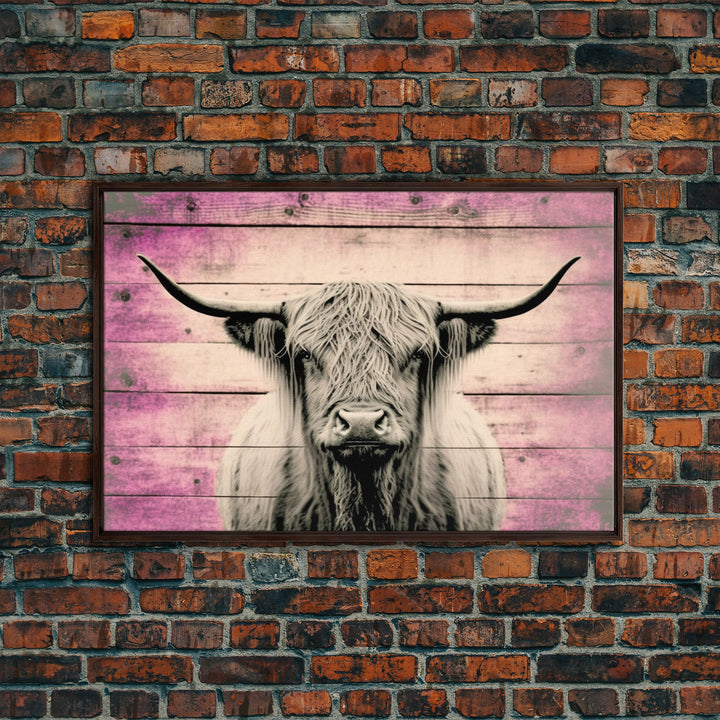 Pink Rustic Cattle Art, Framed Canvas Print, Framed Wall Art, Primitive Rustic Minimalist Farmhouse Decor, Highland Cattle Distressed Art