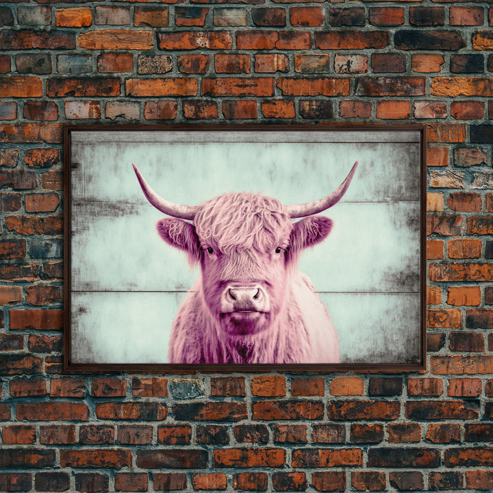 Pink and Turquoise Rustic Cattle Art, Framed Canvas Print, Framed Wall Art, Primitive Rustic Minimalist Farmhouse Decor, Highland Cattle Art