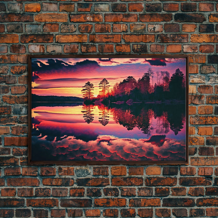 Reflections on the lake, red landscape art, framed canvas print, subdued red nature art