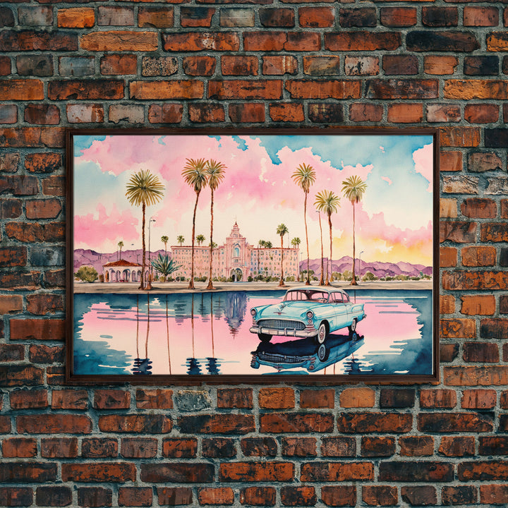 Vaporwave Aesthetic Cuba, Retro 50's car, Tropical Art, Framed Canvas Print