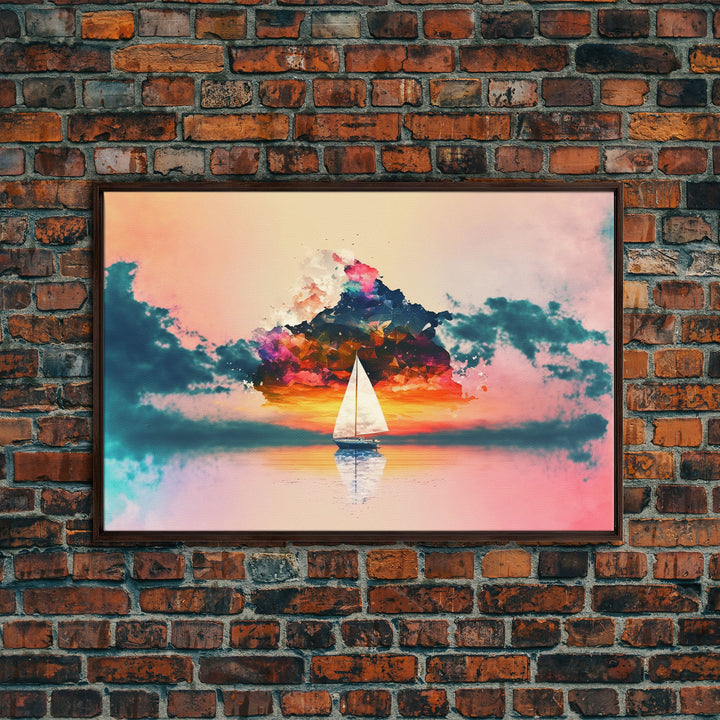 Sailing at Sunset, Watercolor, Framed Canvas Art, Stretched Canvas Print, Nautical Sailing Outrun Style Sunset Art