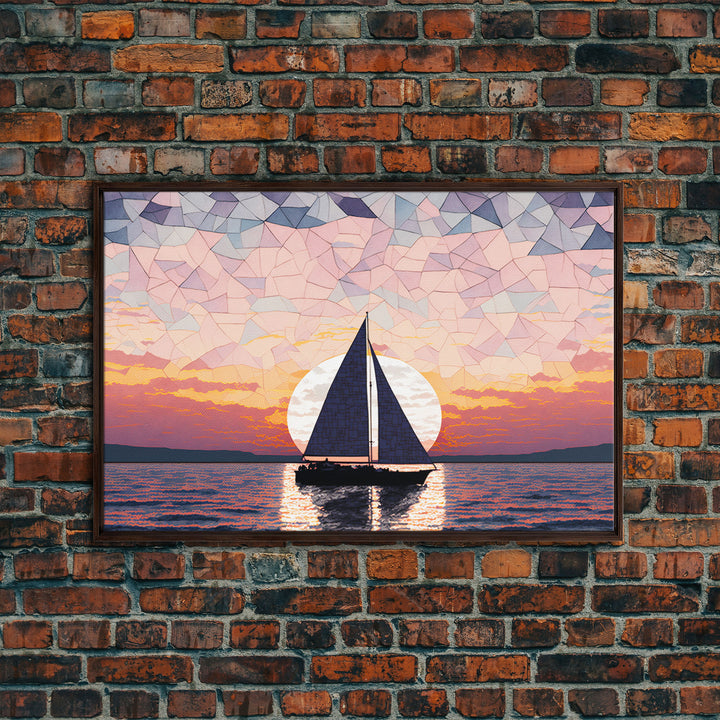 Sailing Under a Stained Glass Sky, Framed Canvas Print, Canvas Art, Nautical Art Deco Style Sunset Art