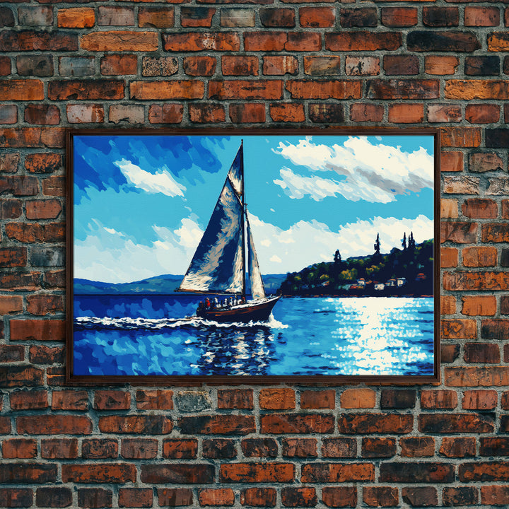 Blue Sky and Blue Sea There's Nothing Else For Me, Framed Canvas Print, Oil Painting Style, Sailing / Sail Boat Art