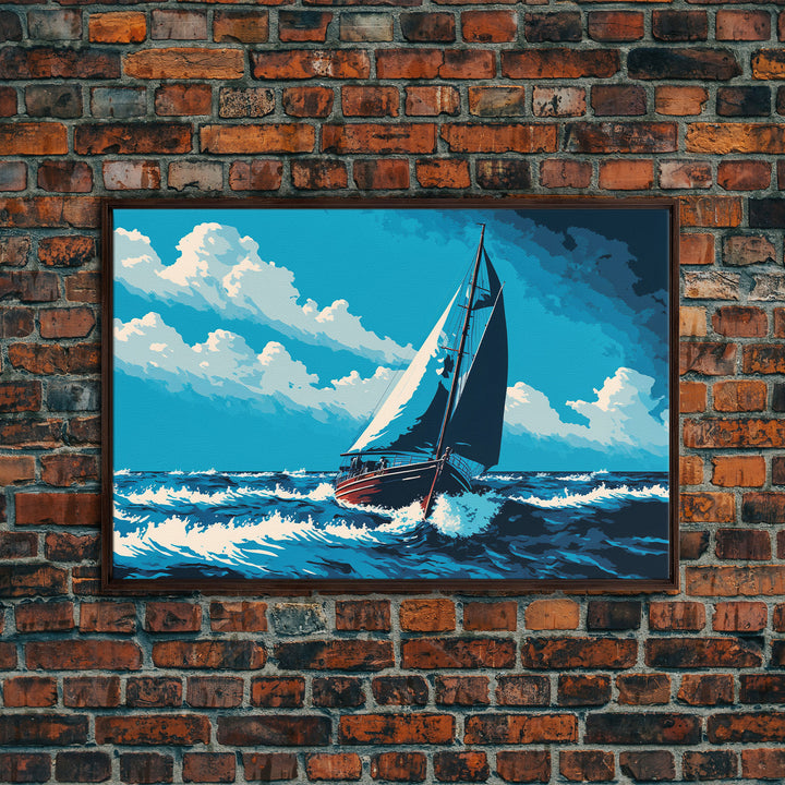 In The Chop, Monochromatic Art, Blue Tones, Framed Canvas Print, Sailing Art, Nautical Themed Decor