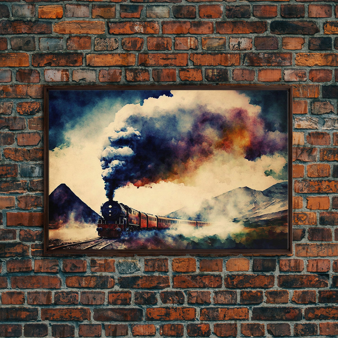 Steampunk Train Watercolor Print, Framed Canvas Art, Wild West 1800s Steam Train, Full Steam Ahead